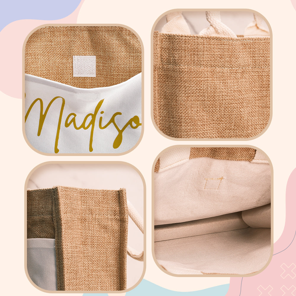 Close-up texture of durable jute and linen fabric — eco-friendly personalised tote, spot clean care instructions