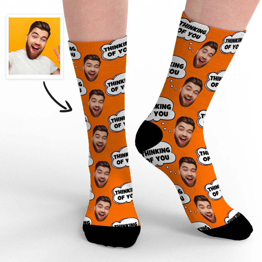 Six colour options for Thinking Of You personalised socks displayed side by side – custom photo socks for men women and kids