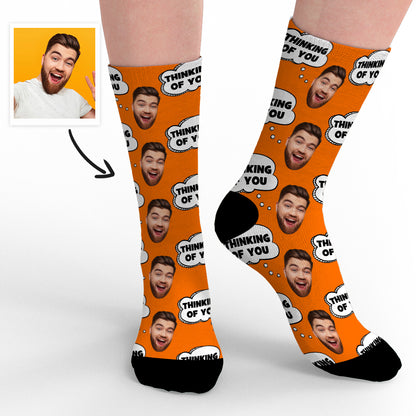 Six colour options for Thinking Of You personalised socks displayed side by side – custom photo socks for men women and kids