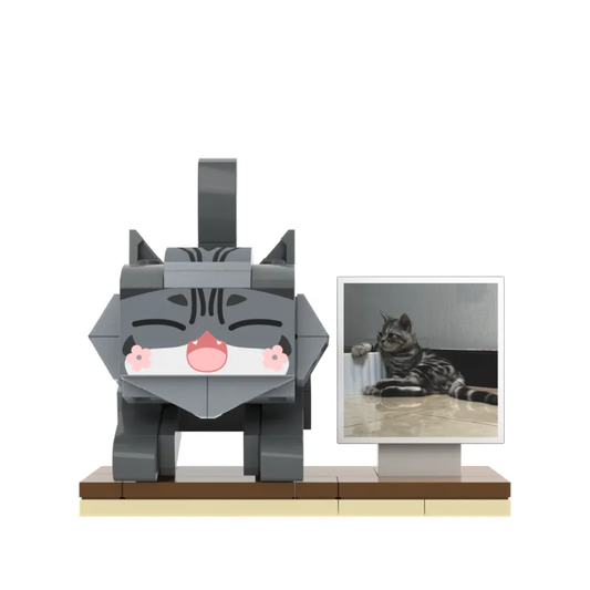 Personalised full‑body cat brick figure (fixed pose) — front view of custom pet brick figure made from a single photo, showing tailored hairstyle and expression