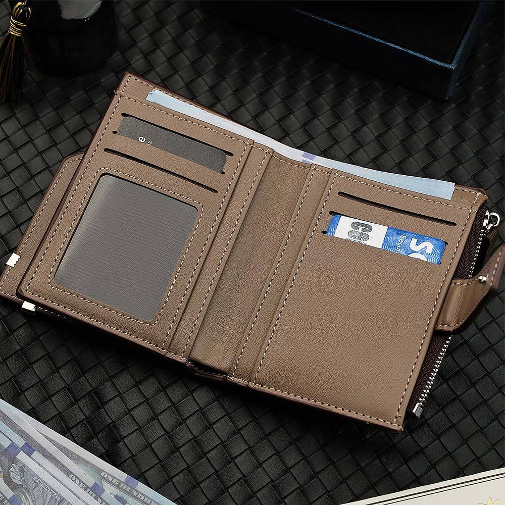 Close-up of custom photo printed on PU leather personalised photo wallet — keepsake gift for him