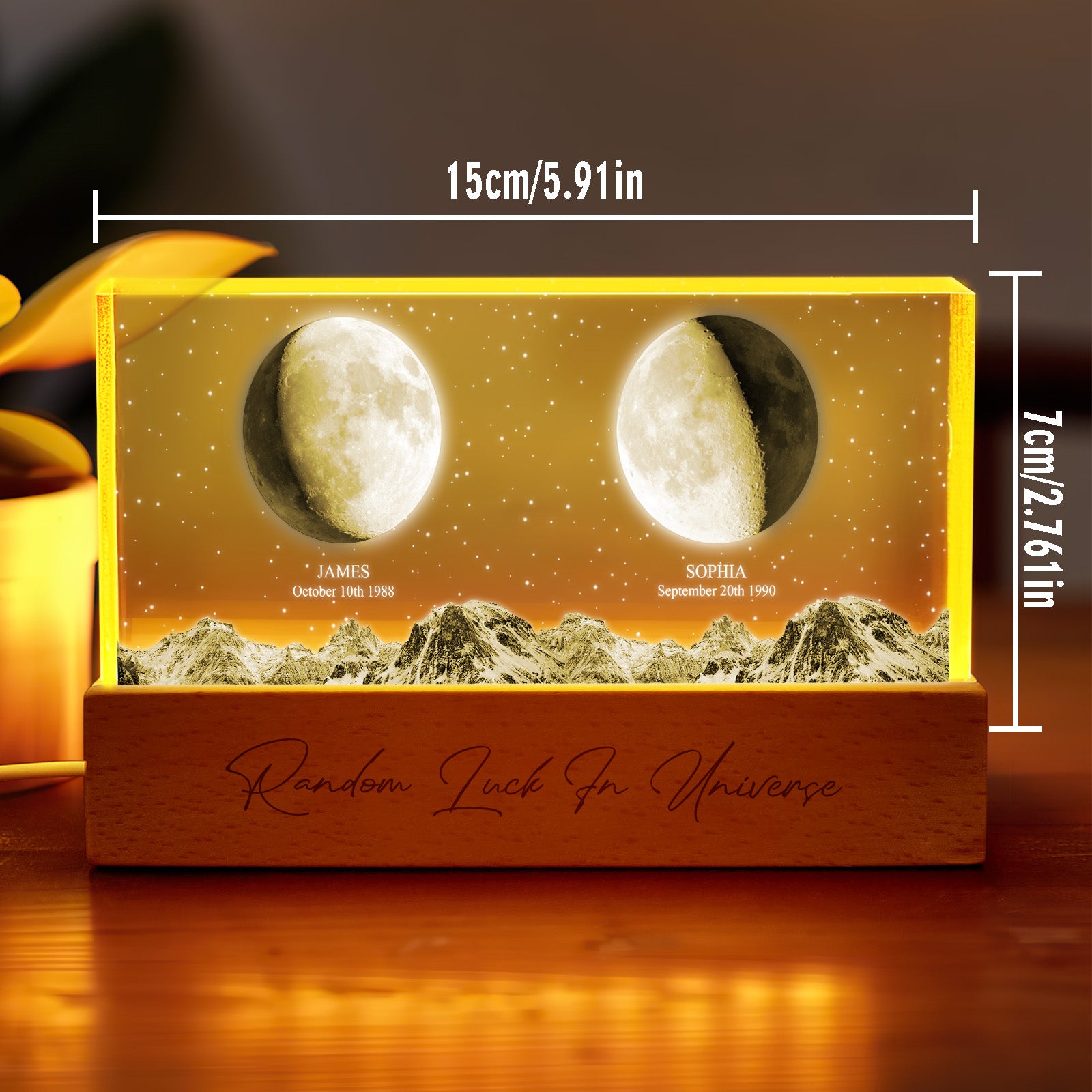 Personalised moon phase night light on a bedside table casting warm, soft glow – custom photo lamp perfect for Valentine's Day or romantic home decor