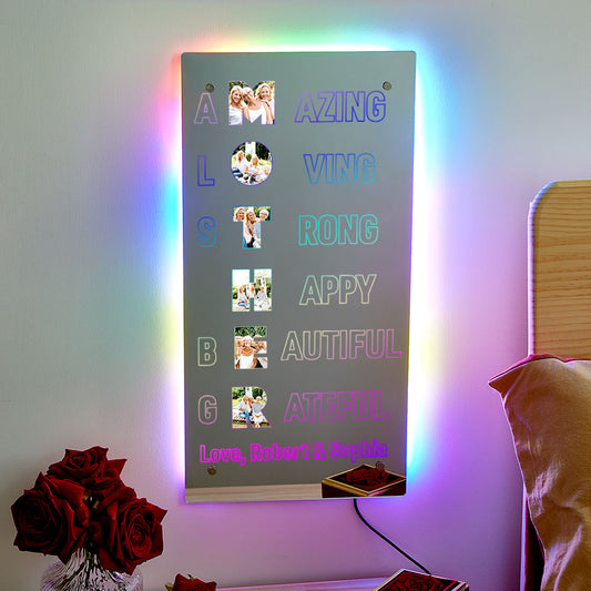 Personalised Mother's Day Mirror Light displaying a family photo with warm LED glow — custom photo lamp gift for Mum