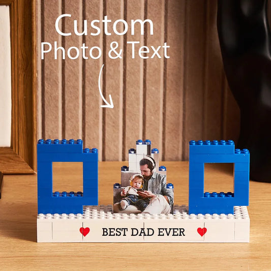 Personalised Dad photo building brick puzzle on display – custom text photo block with vivid UV print, ideal Father's Day gift