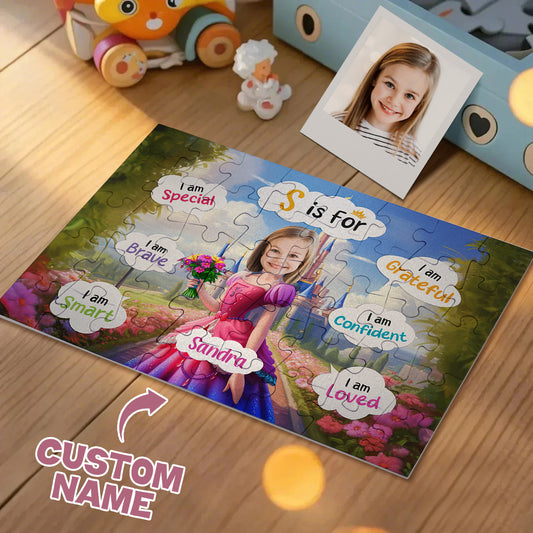 Personalised photo jigsaw puzzle with princess pink dress design and child's portrait — personalised jigsaw puzzle gift for girls and kids, ideal birthday present