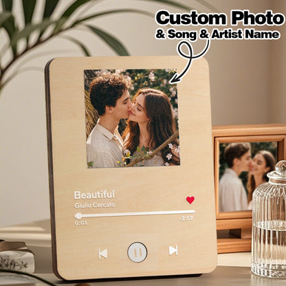 Detailed shot of custom photo print quality on the record face — premium personalised photo music player