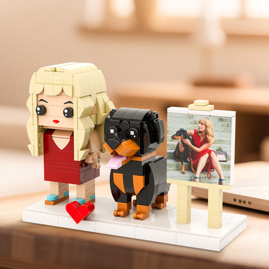 Framed personalised full-body brick figure of one person with dog, handcrafted from eco‑friendly ABS — perfect custom brick figure with frame for anniversary or birthday