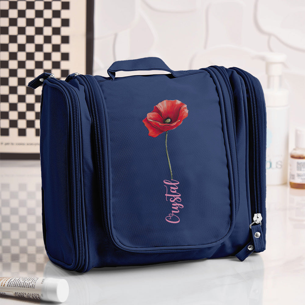 Dual-zip compartments and organiser pockets of personalised birth flower toiletry bag shown open for easy-access cosmetic storage