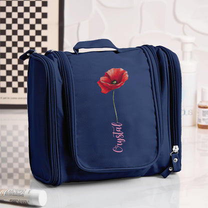Dual-zip compartments and organiser pockets of personalised birth flower toiletry bag shown open for easy-access cosmetic storage