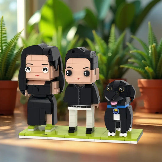 Pair of customisable full-body brick figures personalised to resemble a couple with a small dog accessory – bespoke personalised gift for weddings and anniversaries