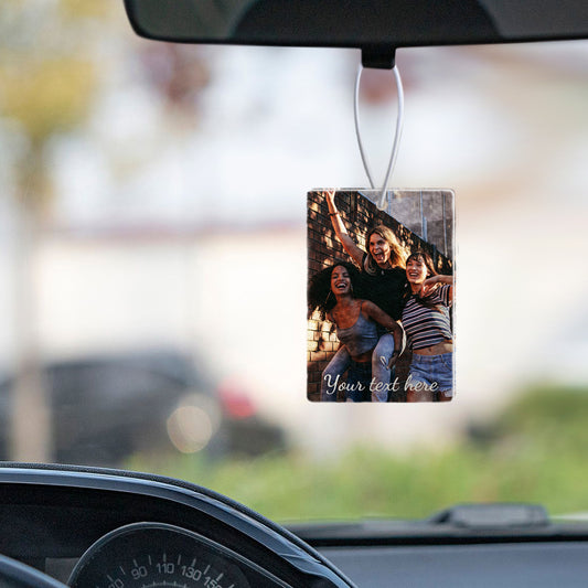 Personalised photo car air freshener pendant in premium felt with a custom rear-view mirror print featuring a high-resolution photo.