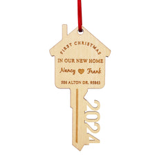 Personalised First Christmas in Our New Home Ornament - Wooden Key Decoration Gift for Couples