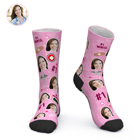 Pair of personalised face socks featuring two custom-printed faces on soft ankle socks — novelty nurse socks and personalised gifts for nurses