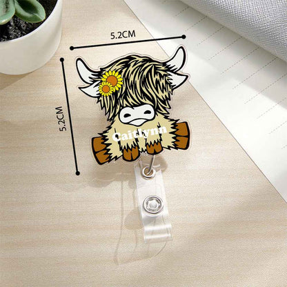 Personalized Highland Cow Badge Retractable Acrylic Badge Reel ID Clip Gift for Highland Cow Lovers