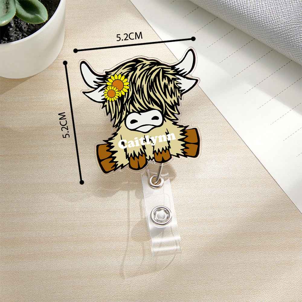 Personalized Highland Cow Badge Retractable Acrylic Badge Reel ID Clip Gift for Highland Cow Lovers