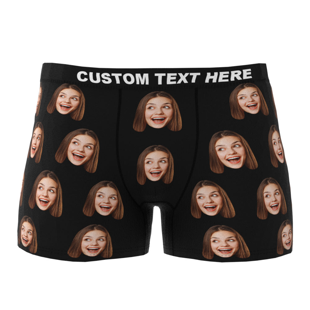 Model wearing personalised photo boxer shorts — custom printed men's underwear, ideal funny gift for him or groomsmen