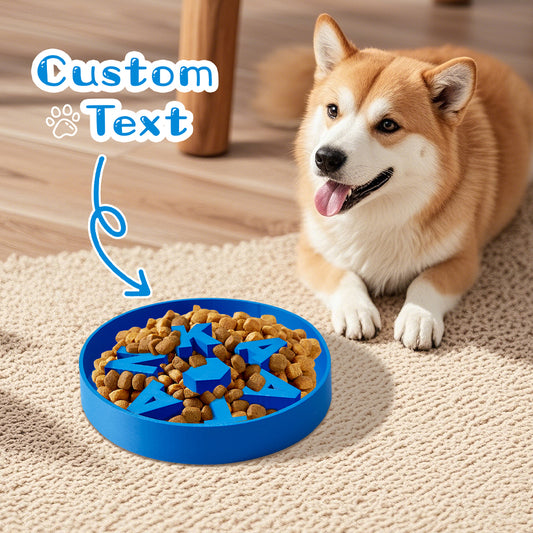 Personalised 3D-printed slow feeder dog bowl in PLA, top-down view showing slow-feed maze and integrated custom name, 15cm x 15cm