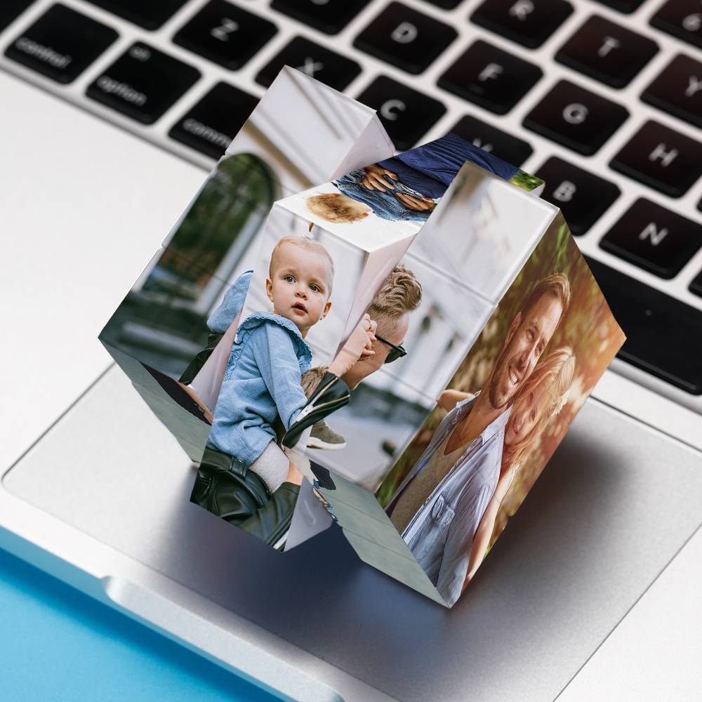 Angled shot of personalised 3x3 photo cube showing wedding, travel and pet images – custom Rubik's cube keepsake for family