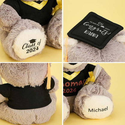 Scale photo of personalised graduation teddy held in hand to show size (25 x 22 cm) — perfect for gift hampers, memory boxes and graduation photos
