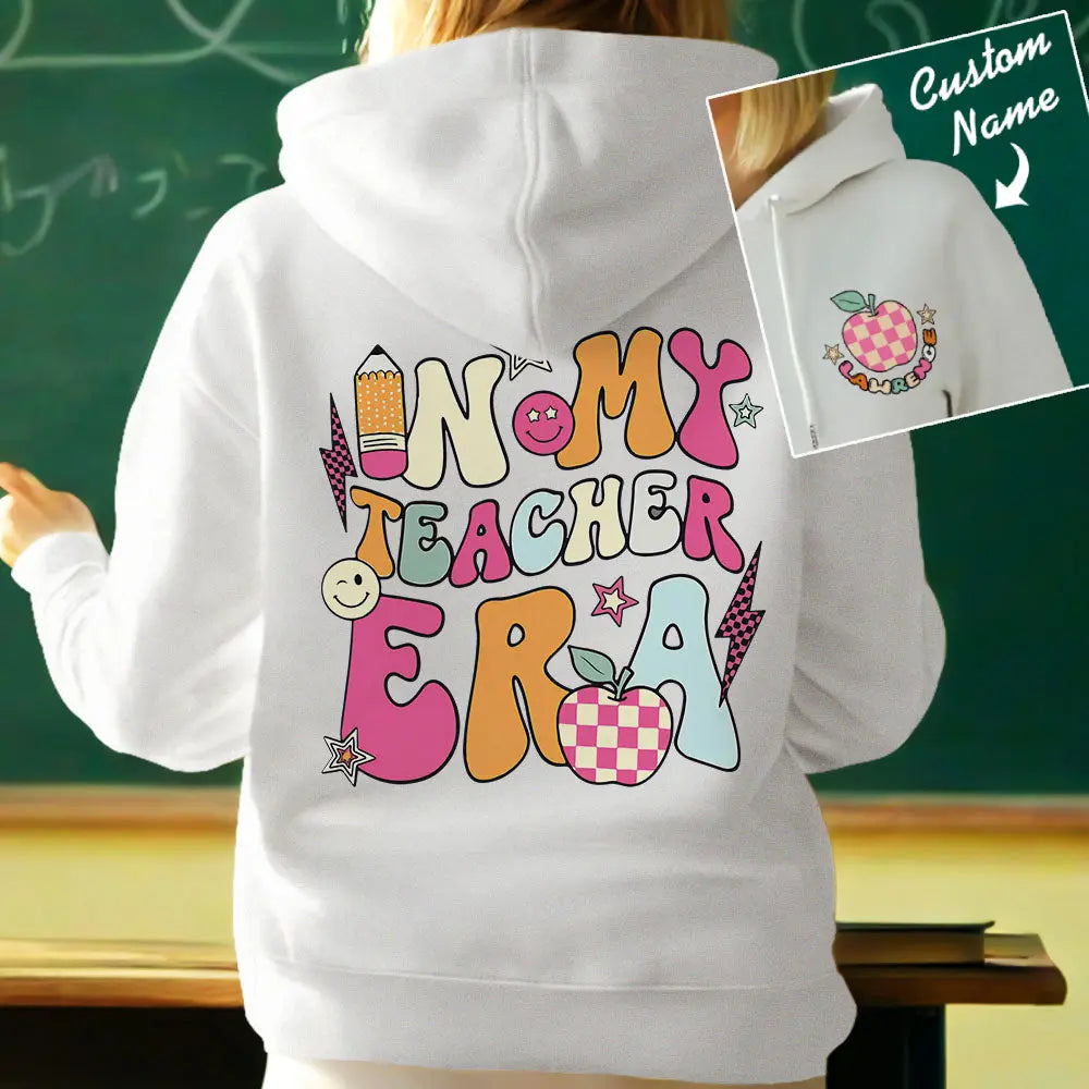 Back view of personalised teacher hooded sweatshirt displaying hood and relaxed fit for everyday school wear