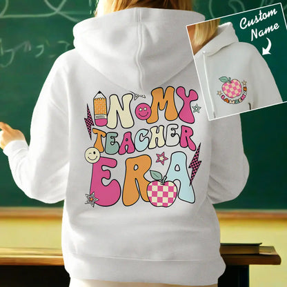 Back view of personalised teacher hooded sweatshirt displaying hood and relaxed fit for everyday school wear