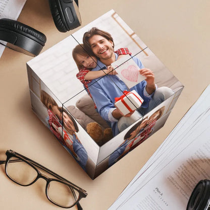 Infinity folding photo cube partially unfolded to show multiple printed panels — custom photo cube perfect as a Gifts for Dad idea