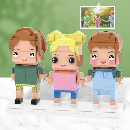 Personalised brick figures custom photo gift of three people – detailed miniatures capturing a family growth record