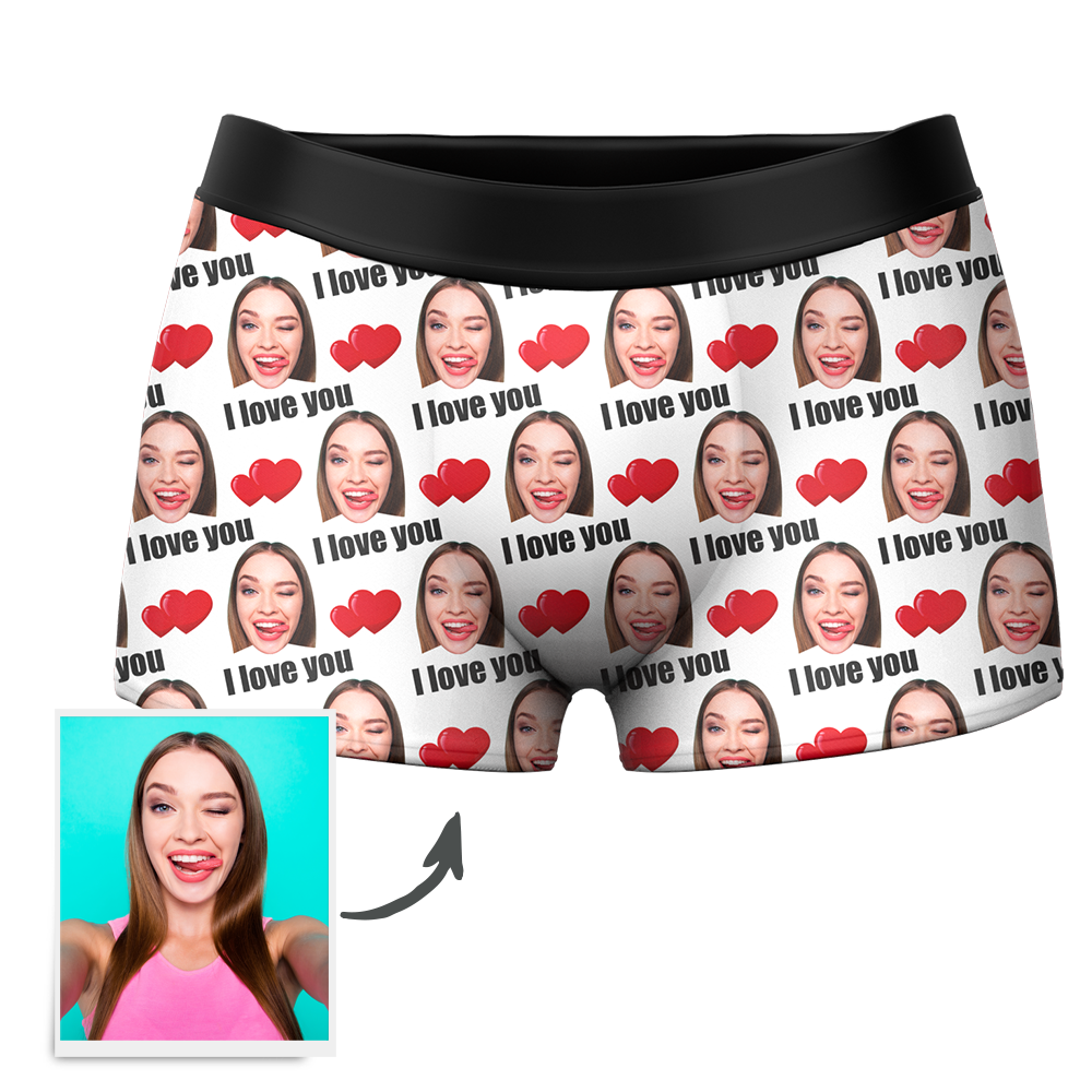 Personalised 'I Love You' men's boxer shorts in green with custom photo-face waistband – personalised underwear gift for him