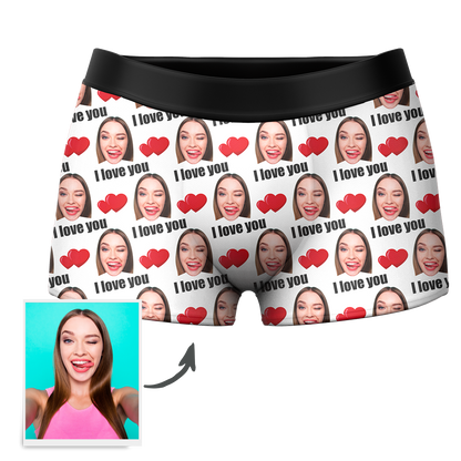 Personalised 'I Love You' men's boxer shorts in green with custom photo-face waistband – personalised underwear gift for him