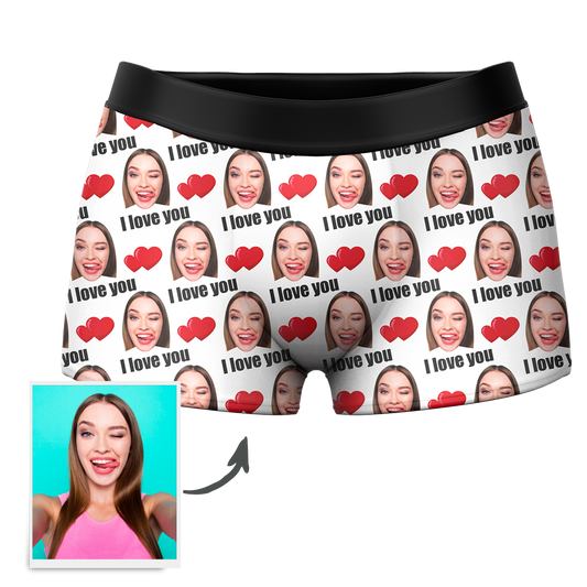 Personalised 'I Love You' men's boxer shorts in green with custom photo-face waistband – personalised underwear gift for him