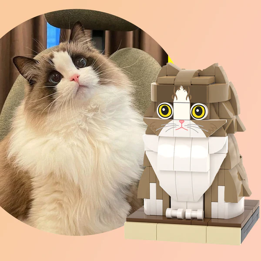 Custom cat brick figure from photo – personalised mini block model (cat only) in a sitting pose, crafted from eco-friendly ABS small particle bricks
