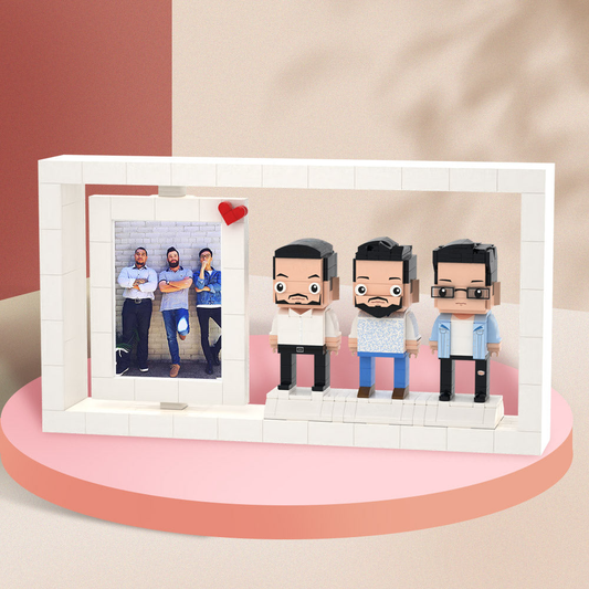 Custom Brick Figures personalised 3 people photo frame – front view of three bespoke brick figures in a white frame, ideal personalised family, anniversary or wedding gift