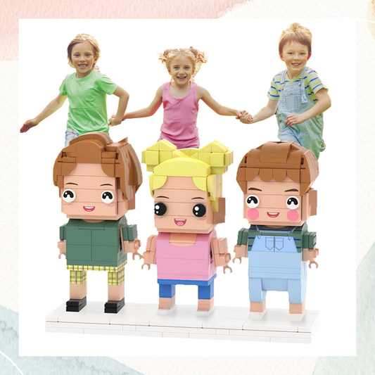 Personalised brick figures custom photo gift of three people – detailed miniatures capturing a family growth record