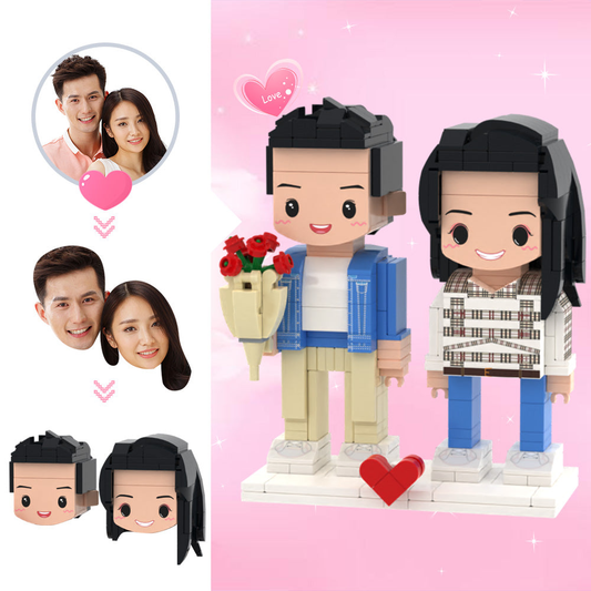 Personalised Couple Brick Figures with Roses - custom face photo gift for Valentine's Day, handmade 12cm ABS keepsake