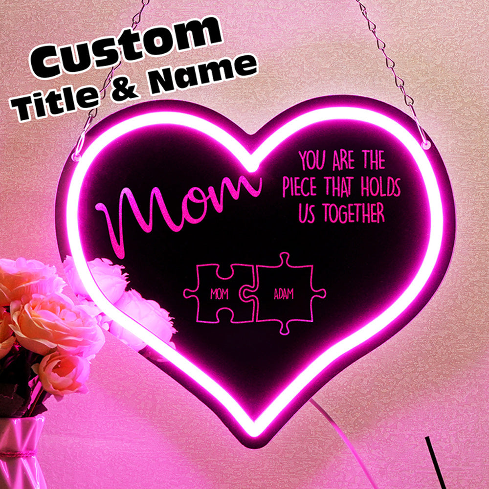 Personalised Mum Puzzle Sign neon light front view showing children's names around 'You Are the Piece That Holds Us Together' – Mother's Day personalised acrylic LED gift, 29.5cm x 25.6cm