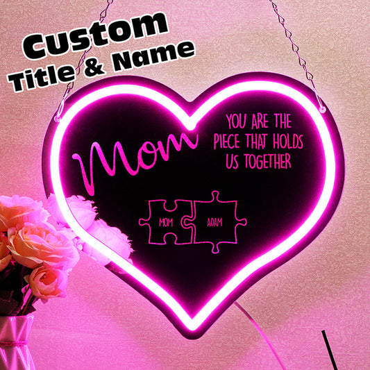 Personalised Mum Puzzle Sign neon light front view showing children's names around 'You Are the Piece That Holds Us Together' – Mother's Day personalised acrylic LED gift, 29.5cm x 25.6cm