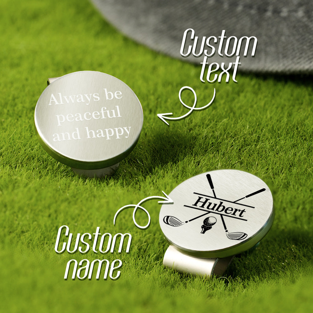 Personalised polished metal golf ball marker clipped to a hat with magnetic hat clip – custom golf accessory and ideal golfer gift