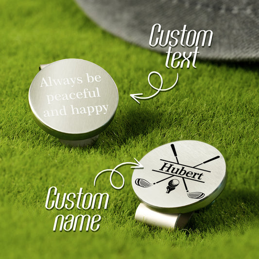 Personalised polished metal golf ball marker clipped to a hat with magnetic hat clip – custom golf accessory and ideal golfer gift