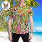 Personalised pet-face Hawaiian shirt, custom floral beach shirt with pet photo printed on short-sleeve button-up in vibrant heat-transfer colours