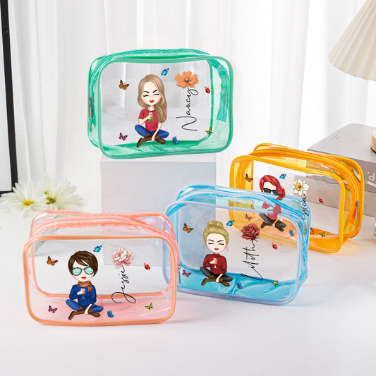 Personalised clear waterproof PVC make-up bag with printed birth flower and name — transparent cosmetic pouch, ideal birthday gift for her