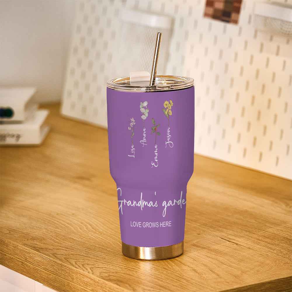 Custom 30oz Insulated Tumbler with Watercolor Birth Flower Name Text – Perfect Birthday Gift for Mom or Grandma