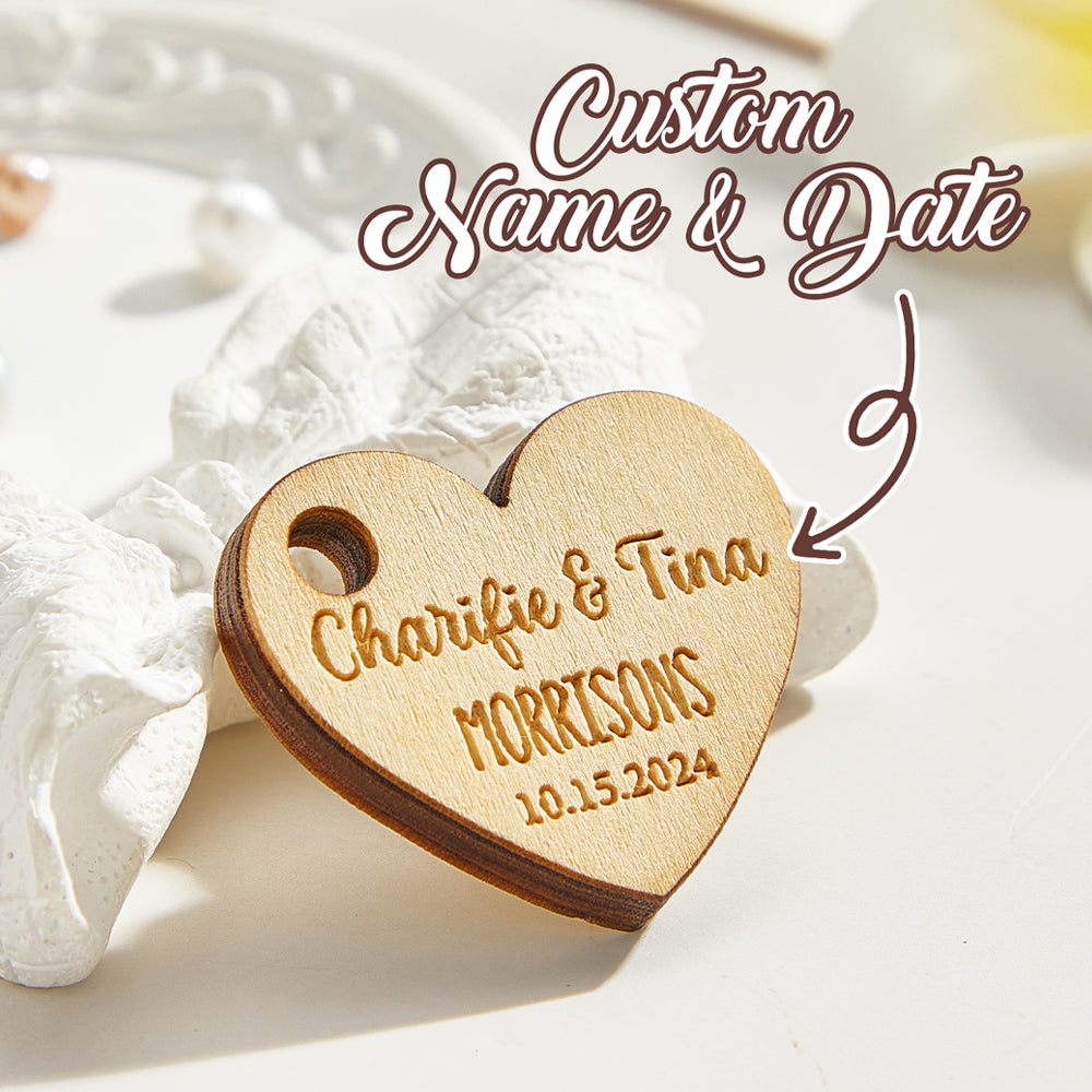 Personalised Wooden Heart Gift Tags - Engraved Wedding Favours for Guests