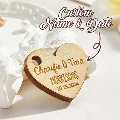 Personalised Wooden Heart Gift Tags - Engraved Wedding Favours for Guests