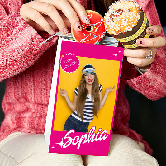 Girls personalised treat bag with child's photo and name on the front – birthday party favour gift in food-grade kraft paper