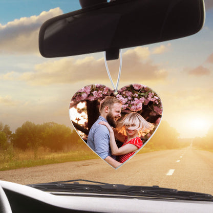 Personalised heart-shaped felt car air freshener with a custom photo print, a practical diffuser and decorative keepsake for the car.