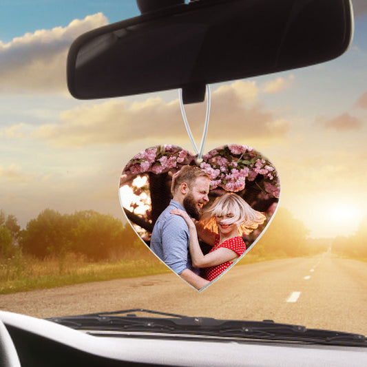 Personalised heart-shaped felt car air freshener with a custom photo print, a practical diffuser and decorative keepsake for the car.