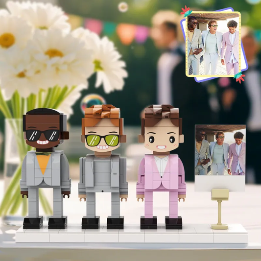 Personalised 3 people brick figures on display — custom groomsmen wedding gift UK, full-body ABS miniatures capturing hairstyles and poses