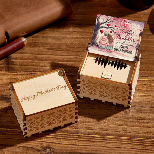 Personalised wooden music box on white background — custom Mother's Day keepsake that plays MP3s and voice recordings, perfect gift for mum