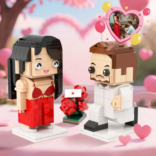 Personalised full-body brick figure couple in kneeling proposal pose — custom engagement keepsake, hand-designed miniatures