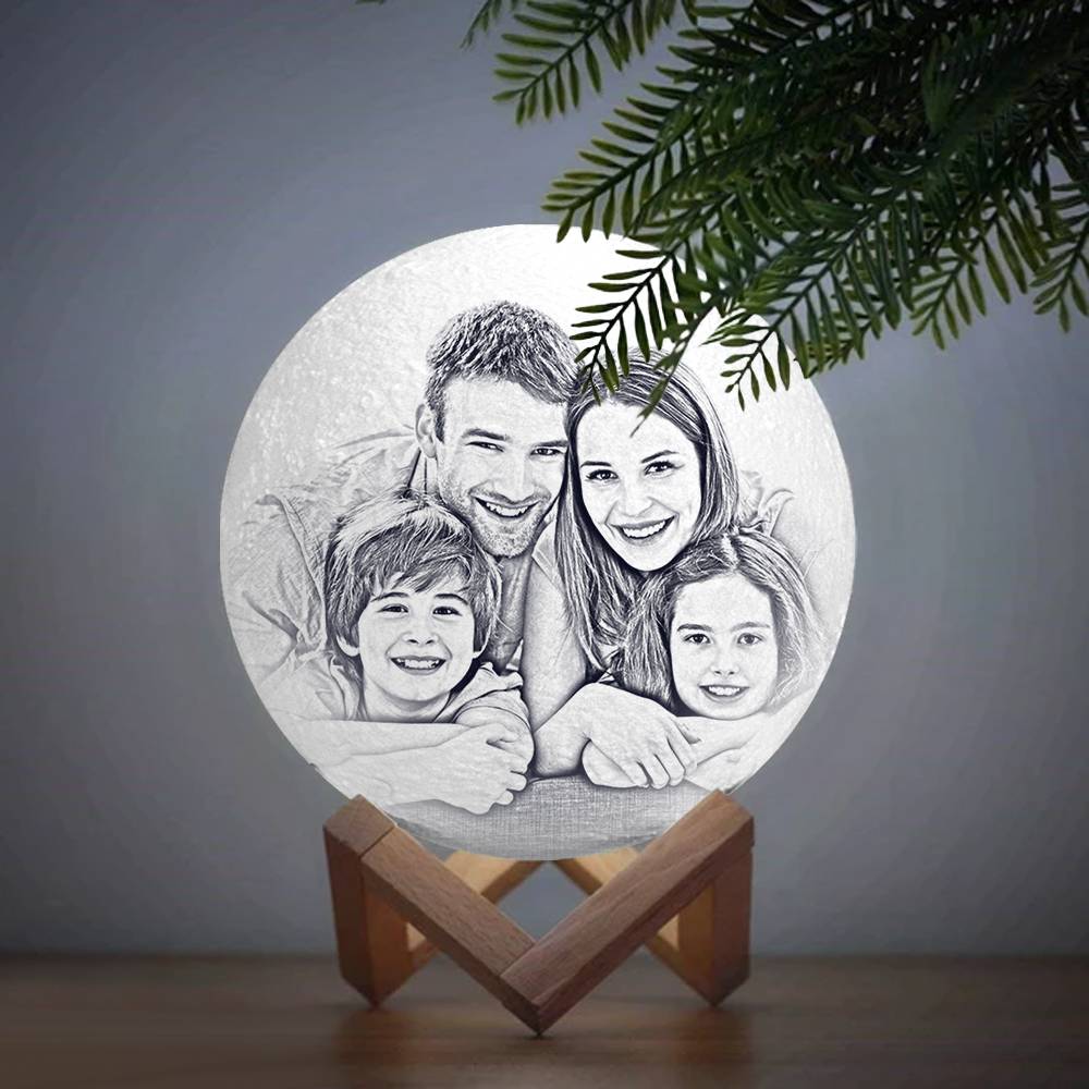Personalised lamp showing engraved message example on 3D-printed moon with double-sided photos and custom text — a keepsake wedding or anniversary gift